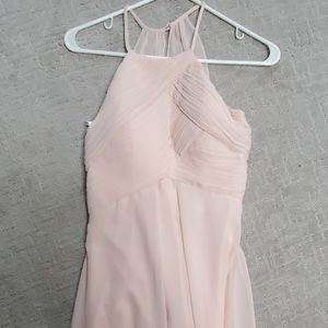 Levkoff floor length blush bridesmaid dress